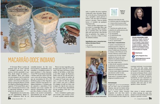 Página dupla da coluna Histórias Temperadas na revista Bem-Estar, com a receita de macarrão-doce indiano
