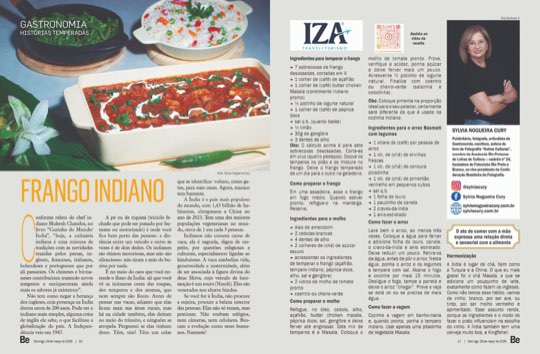 Página dupla da coluna Histórias Temperadas na revista Bem-Estar, com a receita de frango indiano