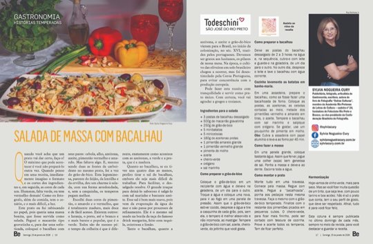 Página dupla da coluna Histórias Temperadas na revista Bem-Estar, com a receita de salada de massa com bacalhau