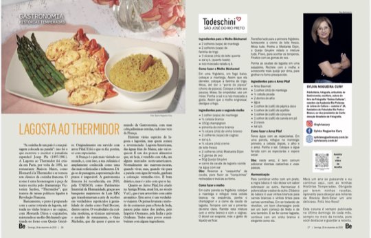 Página dupla da coluna Histórias Temperadas na revista Bem-Estar, com a receita de lagosta ao thermidor