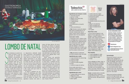 Página dupla da coluna Histórias Temperadas na revista Bem-Estar, com a receita de lombo de natal