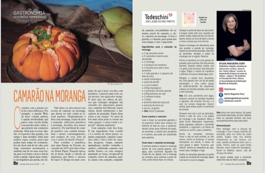 Página dupla da coluna Histórias Temperadas na revista Bem-Estar, com a receita de camarão na moranga