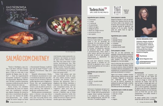 Página dupla da coluna Histórias Temperadas na revista Bem-Estar, com a receita de salmão com chutney