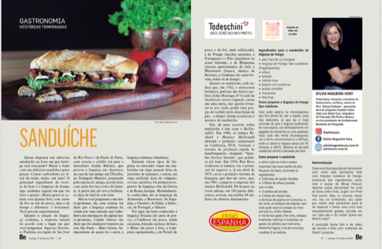 Página dupla da coluna Histórias Temperadas na revista Bem-Estar, com a receita de sanduíche