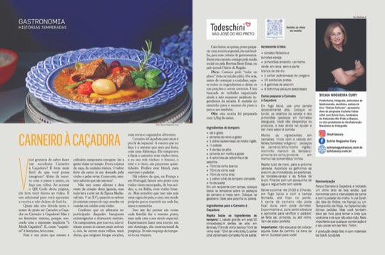 Página dupla da coluna Histórias Temperadas na revista Bem-Estar, com a receita de carneiro à caçadora