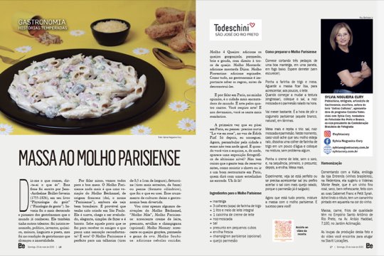 Página dupla da coluna Histórias Temperadas na revista Bem-Estar, com a receita de massa ao molho parisiense