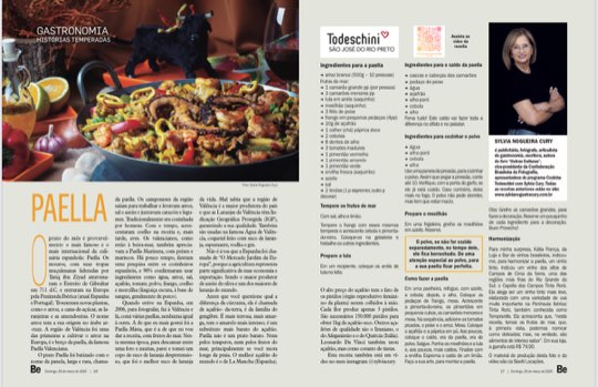 Página dupla da coluna Histórias Temperadas na revista Bem-Estar, com a receita de paella