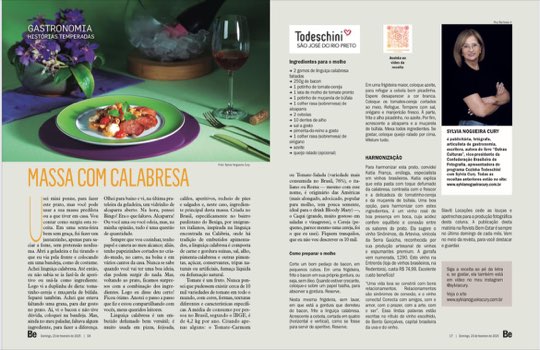 Página dupla da coluna Histórias Temperadas na revista Bem-Estar, com a receita de massa com calabresa