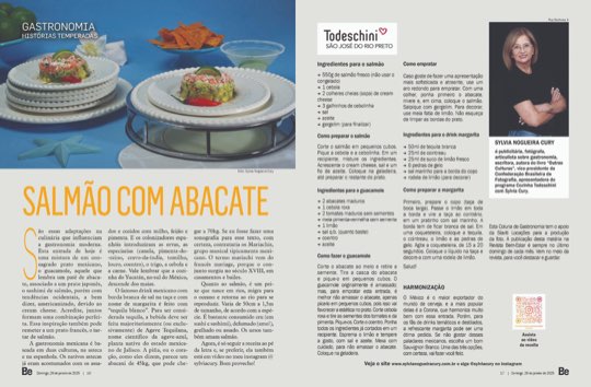 Página dupla da coluna Histórias Temperadas na revista Bem-Estar, com a receita de salmão com abacate