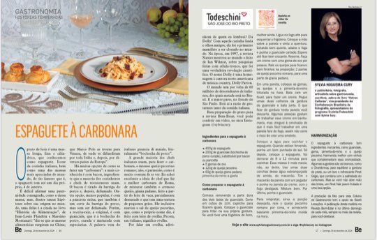 Página dupla da coluna Histórias Temperadas na revista Bem-Estar, com a receita de espaguete à carbonara
