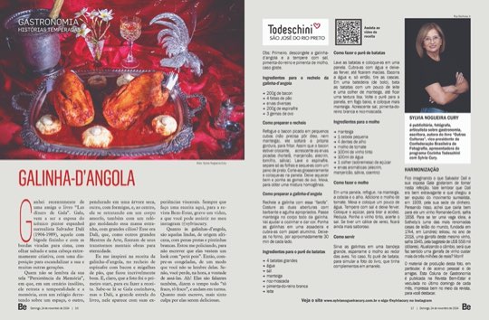 Página dupla da coluna Histórias Temperadas na revista Bem-Estar, com a receita de galinha-d'angola