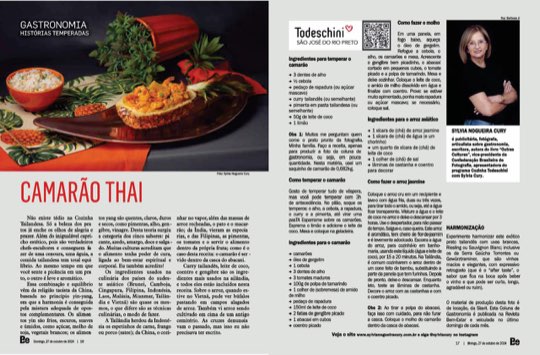 Página dupla da coluna Histórias Temperadas na revista Bem-Estar, com a receita de camarão thai