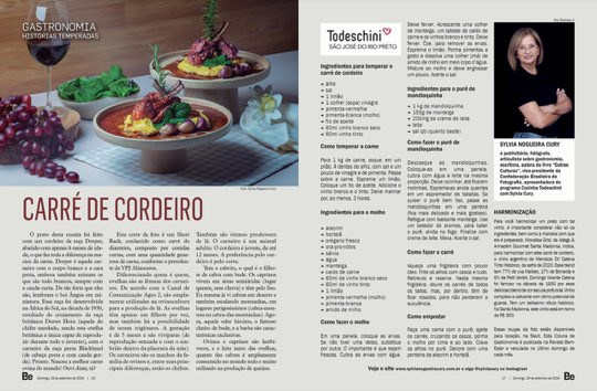 Página dupla da coluna Histórias Temperadas na revista Bem-Estar, com a receita de carré de cordeiro