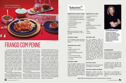 Página dupla da coluna Histórias Temperadas na revista Bem-Estar, com a receita de frango com penne