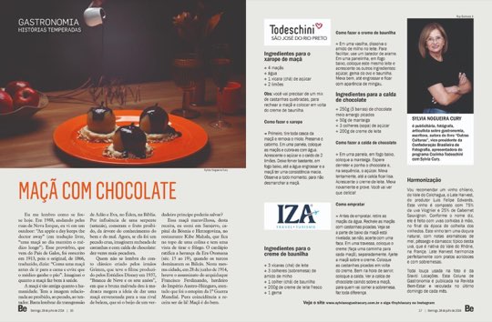Página dupla da coluna Histórias Temperadas na revista Bem-Estar, com a receita de maçã com chocolate