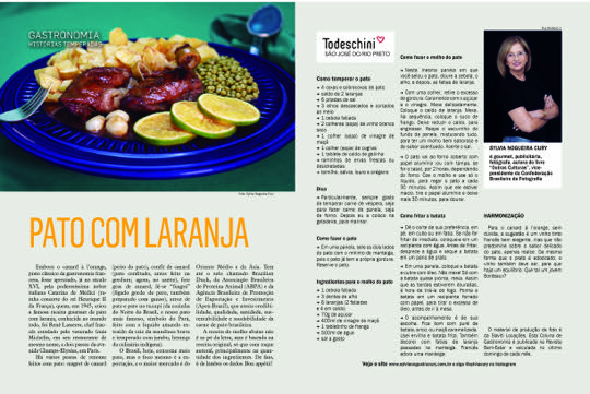 Página dupla da coluna Histórias Temperadas na revista Bem-Estar, com a receita de pato com laranja