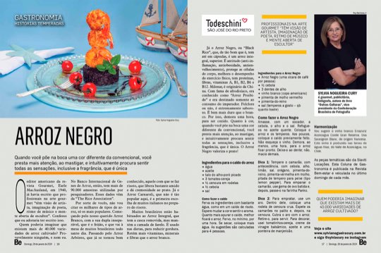 Página dupla da coluna Histórias Temperadas na revista Bem-Estar, com a receita de arroz negro