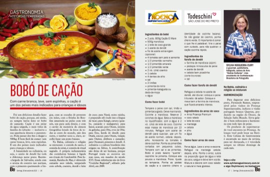 Página dupla da coluna Histórias Temperadas na revista Bem-Estar, com a receita de bobó de cação