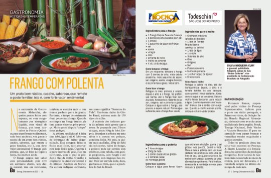 Página dupla da coluna Histórias Temperadas na revista Bem-Estar, com a receita de frango com polenta