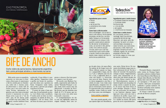 Página dupla da coluna Histórias Temperadas na revista Bem-Estar, com a receita de bife de ancho