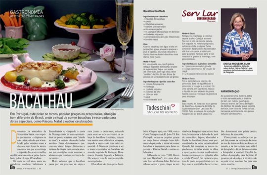 Página dupla da coluna Histórias Temperadas na revista Bem-Estar, com a receita de bacalhau
