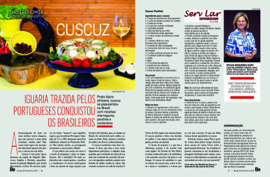 Página dupla da coluna Histórias Temperadas na revista Bem-Estar, com a receita de cuscuz