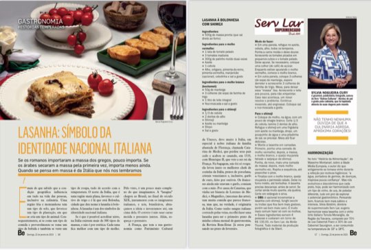 Página dupla da coluna Histórias Temperadas na revista Bem-Estar, com a receita de lasanha